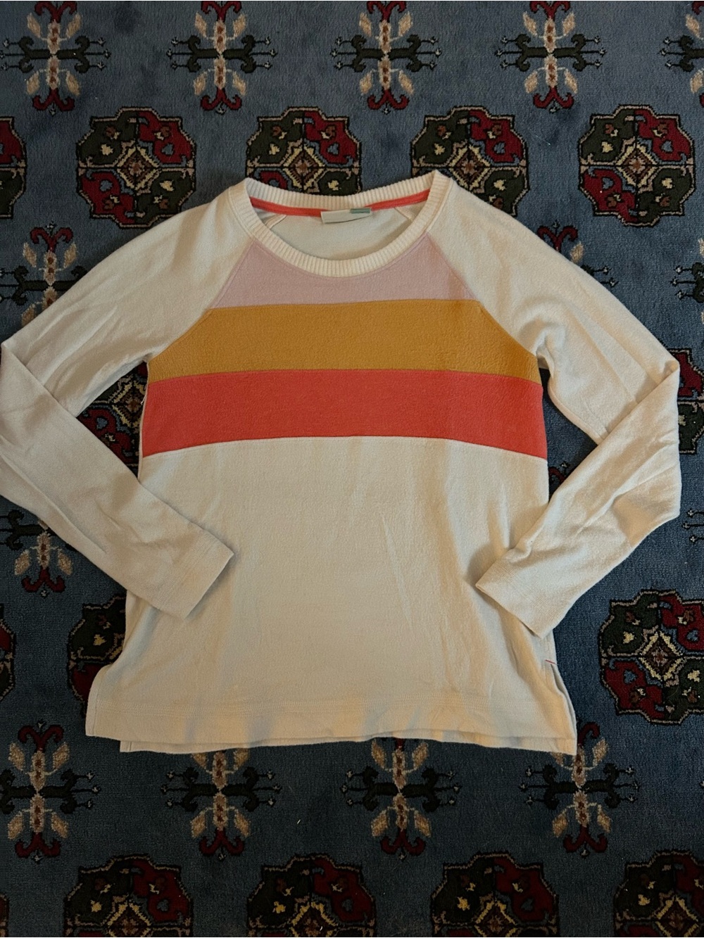 Anthropologie Cream Long-Sleeve Top with Pink, Mustard & Coral Stripes